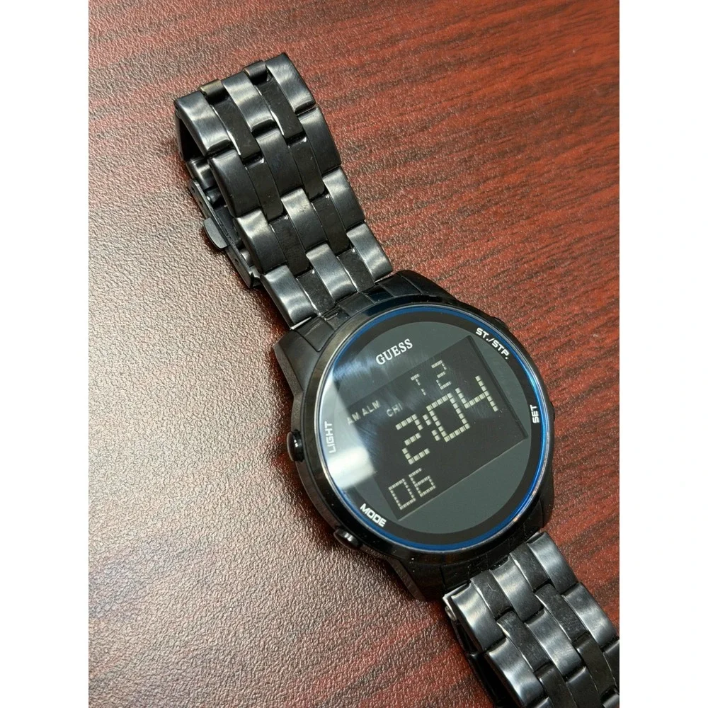 Guess Mens Digital Chronograph Watch U0786G2 Black Ion Plated Blue Bezel Working